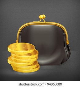 Purse and coins, vector