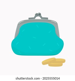 Purse with coins. Wallet flat design. Vector illustration handbag with coins icon