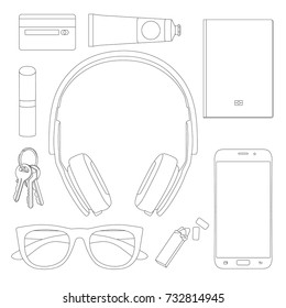 Purse contents objects: headphones, passport, sunglasses, keys, lipstick, credit card, chewing gum in outline drawing style.