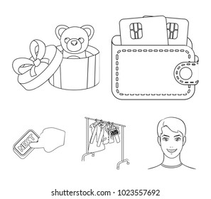 Purse with credit cards and other web icon in outline style. gift sale of things, button more icons in set collection.