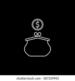 Purse with dollar coin line icon, finance and business, wallet sign vector graphics, a linear pattern on a black background, eps 10.