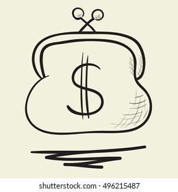 Purse  With Dollar Sign. Hand Drawn Vector Illustration. 