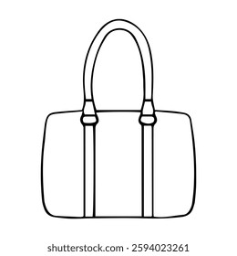 A purse is drawn in black and white. The purse is large and has a long strap. The purse is sitting on a white background