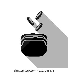 Purse and falling coins. Black object with long shadow on white background