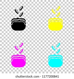Purse and falling coins. Colored set of cmyk icons on transparent background