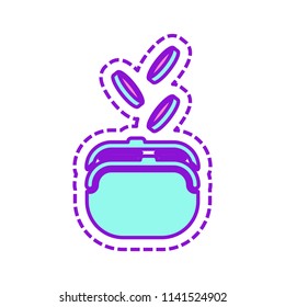 Purse and falling coins. Colored sketch with dotted border on white background