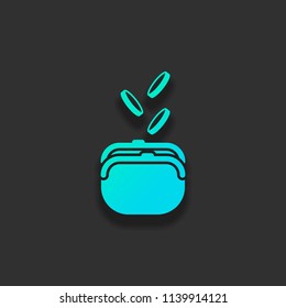 Purse and falling coins. Colorful logo concept with soft shadow on dark background. Icon color of azure ocean