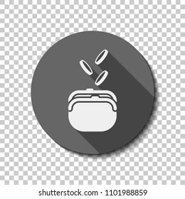 Purse and falling coins. flat icon, long shadow, circle, transparent grid. Badge or sticker style
