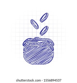 Purse and falling coins. Hand drawn sketched picture with scribble fill. Blue ink. Doodle on white background