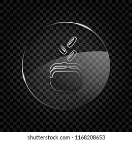 Purse and falling coins. Icon in circle glass bubble on dark transparent grid. Glass style