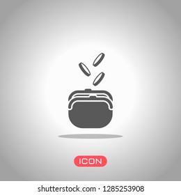Purse and falling coins. Icon under spotlight. Gray background