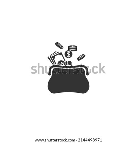 Purse and falling coins icon. Vector illustration flat sign