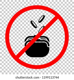 Purse and falling coins. Not allowed, black object in red warning sign with transparent background