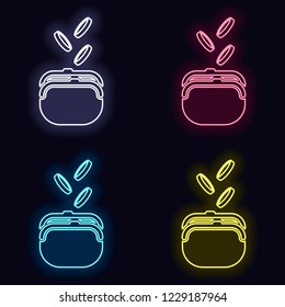 Purse and falling coins. Set of neon sign. Casino style on dark background