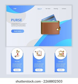 Plantilla de sitio web de la página de inicio plana de la bolsa. Ingresos, préstamos, depósitos. Banner web con encabezado, contenido y pie de página. Ilustración vectorial.