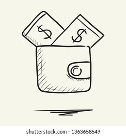 The purse is full of dollars. Hand drawn vector illustration.