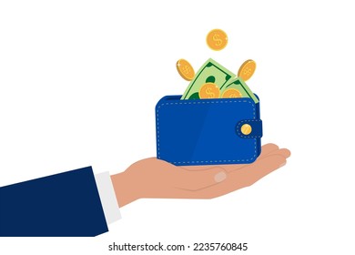 Purse full of golden coins. Online payment and payment concept. Electronic money is issued in a leather wallet. Vector wallet and gold coins Icon. Mobile banking and online payment service
