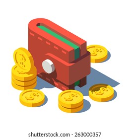 Purse and gold coins. Flat vector illustration.