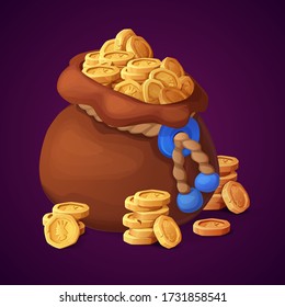 Purse with of golden coins. Illustration or icon for casual game