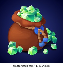 Purse with grren crystals. Vector game icon