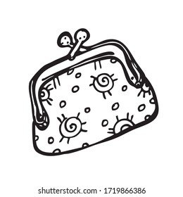 Purse.   Hand drawn, doodle illustration. Element for poster, women's accessories, jewelry,hairbrush advertising, cosmetology equipment. Isolated image on a white background. Vector graphics.