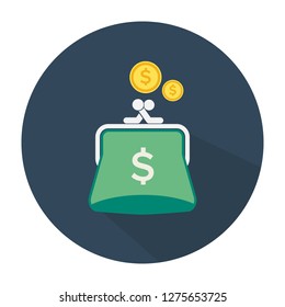 Purse icon with coins. Flat design. Vector illustration handbag with coins icon