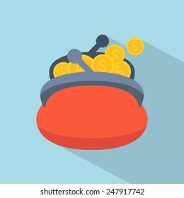 Purse icon with coins. Flat design. Vector illustration