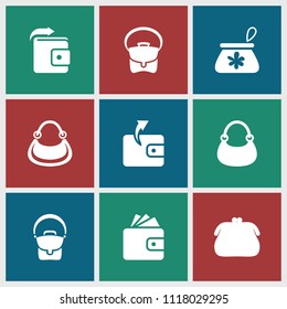 Purse icon. collection of 9 purse filled icons such as wallet, bag. editable purse icons for web and mobile.