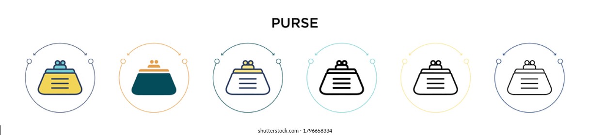 Purse icon in filled, thin line, outline and stroke style. Vector illustration of two colored and black purse vector icons designs can be used for mobile, ui, web