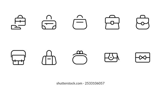 Ícone de bolsa, bolsa para senhoras, Porta-arquivos, Bagagem de viagem, Conjunto de ícones da mala de bagagem. Coleção de ícones de bolsa. Conjunto diferente de maletas. Ícone de vetor plano para aplicativos, interface do usuário e sites.