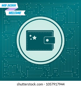 Purse icon on a green background, with arrows in different directions. It appears on the electronic board. Vector illustration