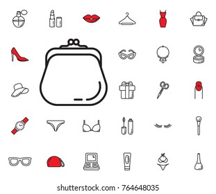 purse icon on the white background. Beauty, Cosmetic, Shopping and Makeup Vector Icons Set . Cosmetic products, makeup brushes, lipstick, perfume, eye makeup. Women accessories. Fashion icons