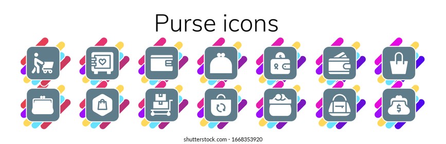 juego de iconos de bolso. 14 íconos rellenos del monedero. Incluidos los iconos de compras, bolsos, cajas fuertes, carros, carritos, bolsos, carteras