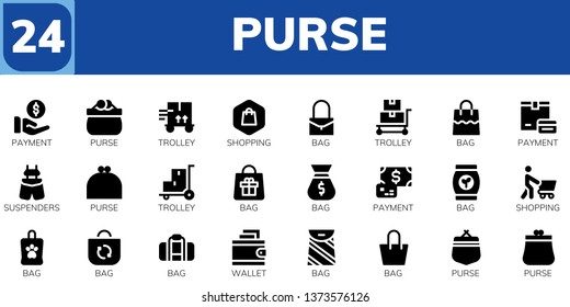 purse icon set. 24 filled purse icons.  Collection Of - Payment, Purse, Trolley, Shopping, Bag, Suspenders, Wallet