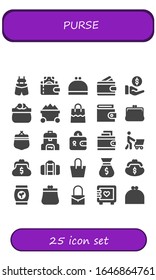 purse icon set. 25 filled purse icons.  Simple modern icons such as: Suspenders, Wallet, Purse, Payment, Trolley, Bag, Shopping, Strongbox