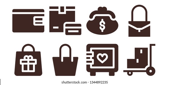 purse icon set. 8 filled purse icons.  Collection Of - Bag, Billfold, Payment, Strongbox, Purse, Trolley