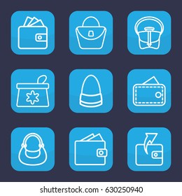 Purse icon. set of 9 outline purse icons such as make up bag, woman bag, wallet, bag