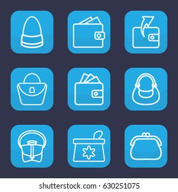 Purse icon. set of 9 outline purse icons such as make up bag, woman bag, wallet, bag, purse
