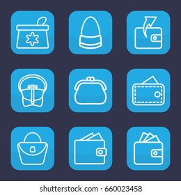 Purse icon. set of 9 outline purse icons such as make up bag, woman bag, wallet, bag, wallet
