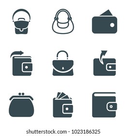 Purse icons. set of 9 editable filled and outline purse icons such as wallet, wallet, bag, woman bag