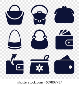 Purse icons set. set of 9 purse filled icons such as make up bag, woman bag, Wallet, bag, wallet
