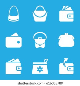 Purse icons set. set of 9 purse filled icons such as make up bag, woman bag, Wallet, bag, wallet