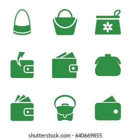 Purse icons set. set of 9 purse filled icons such as make up bag, woman bag, bag, wallet