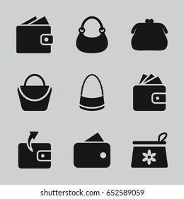 Purse icons set. set of 9 purse filled icons such as make up bag, woman bag, wallet, bag, wallet