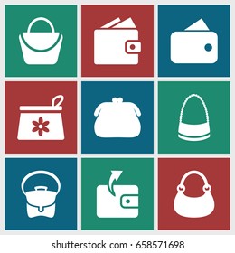 Purse icons set. set of 9 purse filled icons such as make up bag, woman bag, wallet, bag, wallet