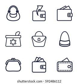 Purse Icons Set. Set Of 9 Purse Outline Icons Such As Make Up Bag, Woman Bag, Wallet, Bag, Wallet