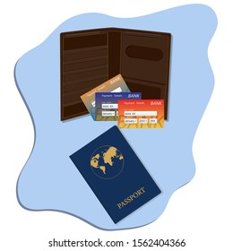 Purse, modern, open, leather, brown, multicolor credit cards and passport - isolated - vector. Banking and business services.