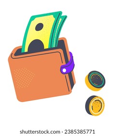 Purse with money, coins and banknotes. Cash in wallet. Saving currency and paying for services. Business financial investment. Online payment and cashback. Budget and finances. Vector in flat style