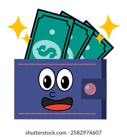 Purse with money. A cute wallet filled with cash for financial savings illustration.