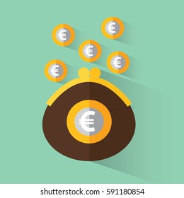 A purse with money. Purse with euro. Vector illustration in flat design 